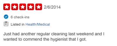 testimonial on yelp for a dentist