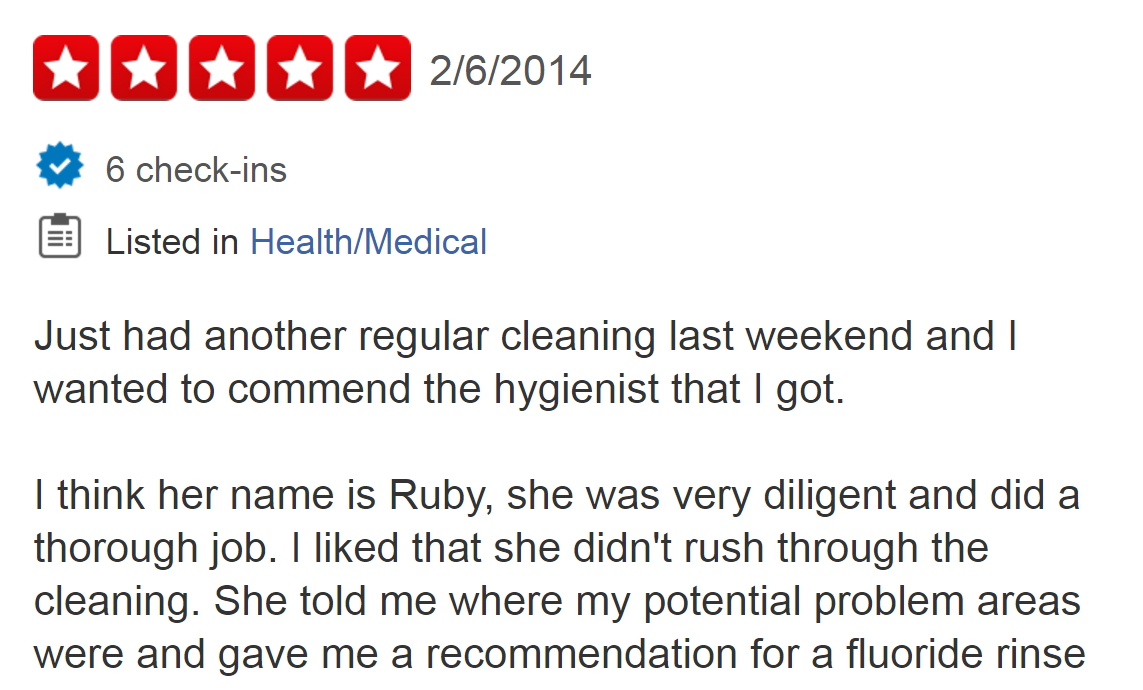 testimonial on yelp for a dentist